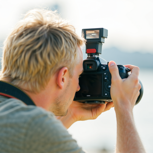 专业摄影师头像，男性，三十五岁左右，休闲装扮，专注神情，户外拍摄背景